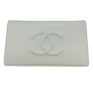 CHANEL White Caviar Leather Logo Wallet